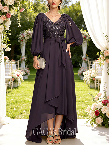 Fall A-line Sophisticated V-Neck Illusion Asymmetrical Lace Chiffon Mother of the Bride Dress With Bow Sequins