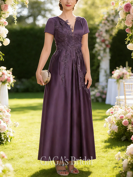 A-line Exquisite Illusion Scoop Ankle-Length Satin Lace Mother of the Bride Dress With 3D Floral Sequins