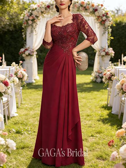 Plus Size A-line Premium Queen Anne Floor-Length Lace Chiffon Mother of the Bride Dress With Cascading Ruffles Sequins