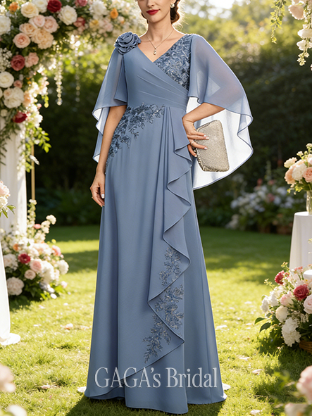 A-line Exquisite V-Neck Floor-Length Lace Chiffon Mother of the Bride Dress With Cape 3D Floral Sequins Cascading Ruffles