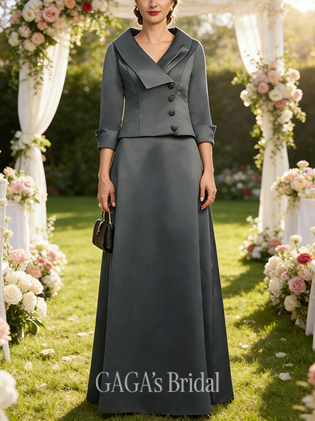 A-line Exquisite Separates V-Neck Collared Floor-Length Satin Mother of the Bride Dress