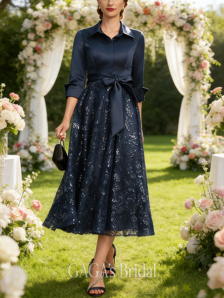 New Arrival A-line Stylish Collared V-Neck Tea-Length Satin Lace Sequin Mother of the Bride Dress With Bow