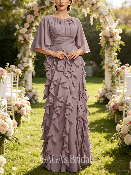 New Arrival A-line Sophisticated Boat Neck Floor-Length Chiffon Mother of the Bride Dress With Ruffle Sequins Beading