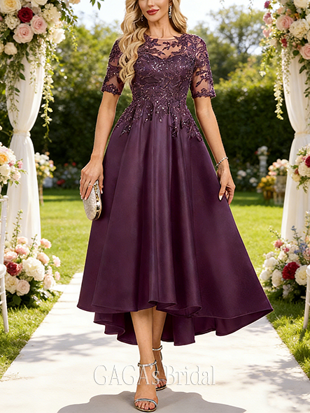 Plus Size A-line Graceful Illusion Scoop Asymmetrical Lace Matte Satin Mother of the Bride Dress With Sequins