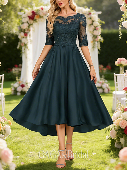 A-line Exquisite Boat Neck Illusion Asymmetrical Lace Matte Satin Mother of the Bride Dress With Beading Sequins