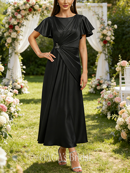 Plus Size A-line Stylish Scoop Ankle-Length Matte Satin Mother of the Bride Dress With Beading Pleated