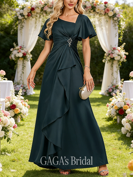Grandmother A-line Sophisticated Asymmetrical Floor-Length Matte Satin Mother of the Bride Dress With Beading Sequins Pleated