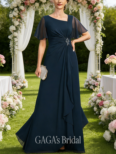 Grandmother A-line Sophisticated Asymmetrical Floor-Length Mesh Mother of the Bride Dress With Pleated Sequins Beading