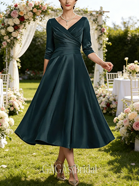 Fall A-line Sophisticated V-Neck Tea-Length Matte Satin Mother of the Bride Dress With Pleated