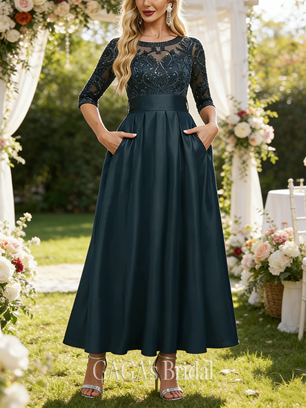 A-line Exquisite Scoop Illusion Floor-Length Matte Satin Lace Mother of the Bride Dress With Sequins Bow