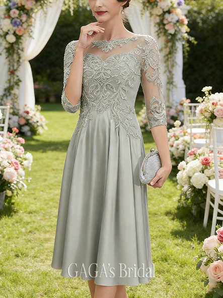 Fall A-line Sophisticated Illusion Scoop Tea-Length Lace Matte Satin Mother of the Bride Dress With Beading Sequins
