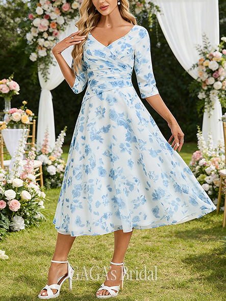 A-line Exquisite V-Neck Tea-Length Chiffon Mother of the Bride Dress With Pleated