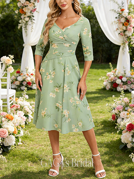 A-line Exquisite V-Neck Tea-Length Chiffon Mother of the Bride Dress With Pleated