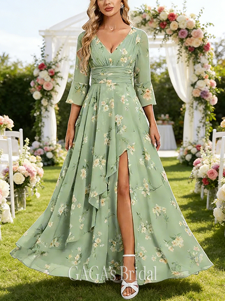 A-line Exquisite V-Neck Floor-Length Chiffon Mother of the Bride Dress With Cascading Ruffles