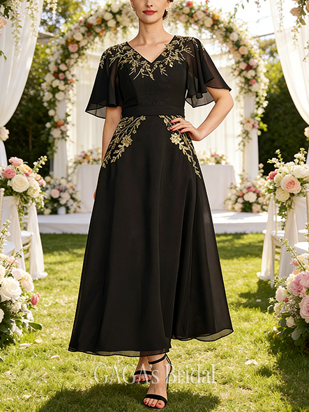 Plus Size A-line Timeless V-Neck Ankle-Length Chiffon Mother of the Bride Dress With Bow Sequins Appliques Lace