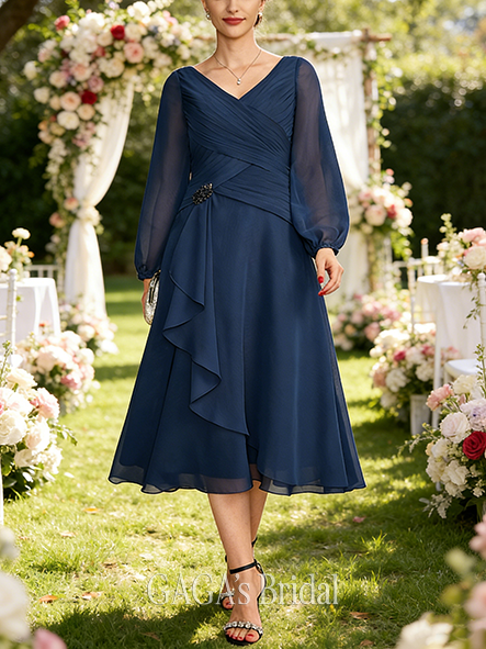 Plus Size A-line Luxe V-Neck Tea-Length Chiffon Mother of the Bride Dress With Cascading Ruffles Sequins Beading