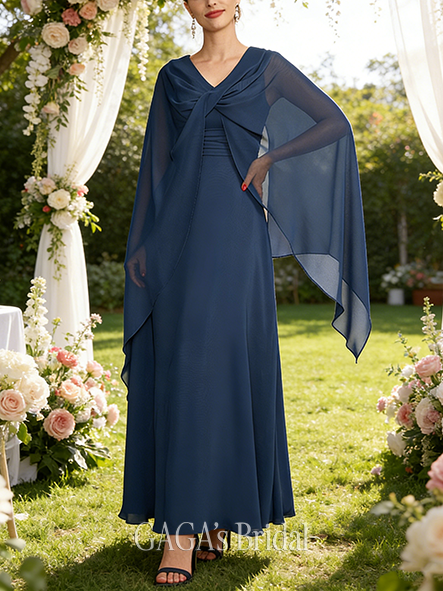 Fall A-line Sophisticated V-Neck Floor-Length Chiffon Mother of the Bride Dress With Cape Pleated Bow