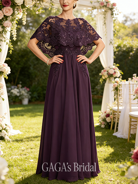 Grandmother A-line Sophisticated Illusion Scoop Floor-Length Lace Chiffon Mother of the Bride Dress With Cape Sequins Pleated