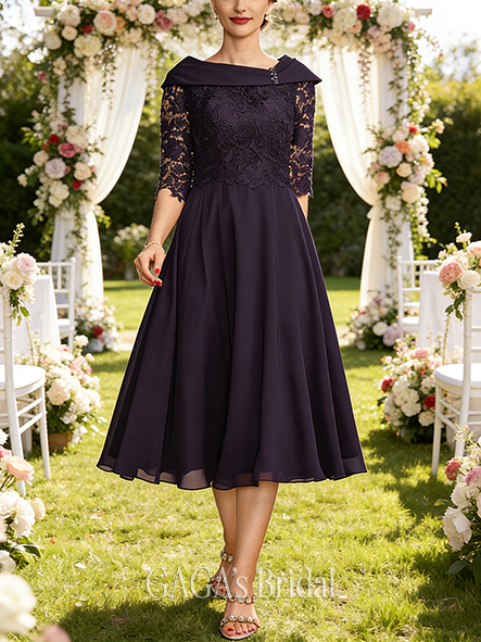 Plus Size A-line Modest Asymmetrical Tea-Length Chiffon Lace Mother of the Bride Dress With Beading Sequins