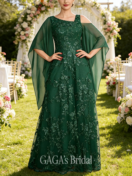 A-line Exquisite Asymmetrical Cold Shoulder Floor-Length Lace Chiffon Mother of the Bride Dress With Sequins