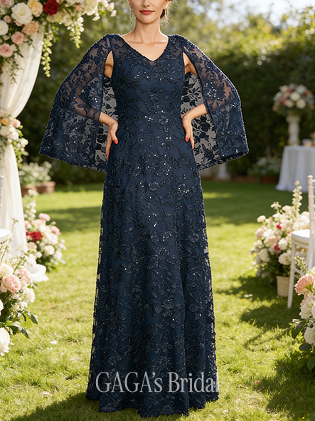 Plus Size A-line Exquisite V-Neck Floor-Length Lace Mother of the Bride Dress With Cape Sequins