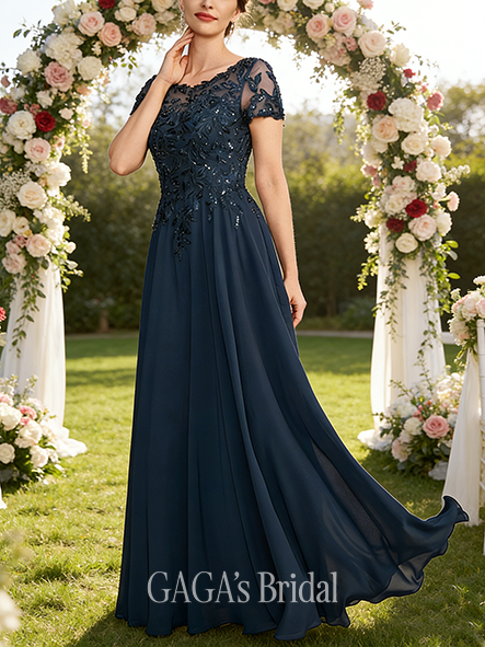 A-line Exquisite Scoop Illusion Floor-Length Lace Chiffon Mother of the Bride Dress With Sequins